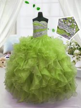  Floor Length Ball Gowns Sleeveless Olive Green Kids Formal Wear Lace Up
