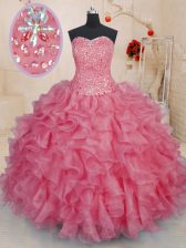 Hot Sale Pink Lace Up Sweetheart Beading and Ruffles Quinceanera Gowns Organza Sleeveless