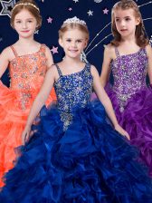 Best Royal Blue and Purple and Orange Ball Gowns Organza Asymmetric Sleeveless Beading and Ruffles Lace Up Little Girls Pageant Gowns