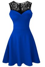  Royal Blue A-line Satin Scoop Sleeveless Lace Tea Length Zipper Dress for Prom