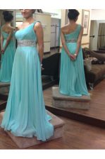 Perfect One Shoulder Baby Blue Sleeveless Chiffon Side Zipper Prom Gown for Prom