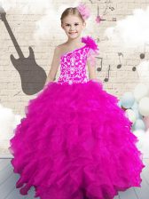  One Shoulder Hot Pink Sleeveless Organza Lace Up Kids Formal Wear for Party and Wedding Party