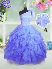Custom Designed Blue Ball Gowns Organza One Shoulder Sleeveless Beading and Ruffles Floor Length Lace Up Little Girls Pageant Gowns