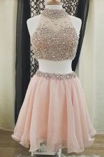  Halter Top Sleeveless Chiffon Prom Dresses Beading Zipper