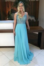 Customized Baby Blue A-line Beading Prom Dresses Backless Chiffon Sleeveless With Train