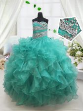 High End Floor Length Ball Gowns Sleeveless Turquoise Little Girl Pageant Dress Lace Up