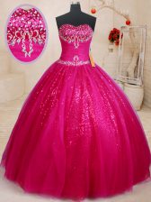 Beading and Sequins Quince Ball Gowns Fuchsia Lace Up Sleeveless Floor Length