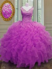 Inexpensive Fuchsia V-neck Neckline Beading and Ruffles Quinceanera Gown Sleeveless Zipper