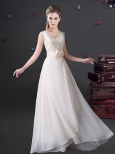 Elegant White Empire Lace and Bowknot Quinceanera Court of Honor Dress Zipper Chiffon Sleeveless Floor Length