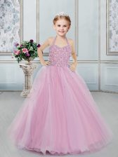  Lilac Ball Gowns Tulle Halter Top Sleeveless Beading Floor Length Lace Up Little Girl Pageant Gowns