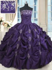  Taffeta Strapless Sleeveless Lace Up Beading and Appliques Vestidos de Quinceanera in Purple