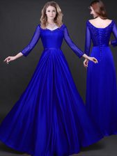 Glorious Long Sleeves Floor Length Lace Up Homecoming Dress Royal Blue for Prom with Appliques and Belt