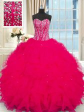  Floor Length Ball Gowns Sleeveless Coral Red Quinceanera Gowns Lace Up