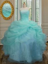 Chic Floor Length Aqua Blue Sweet 16 Dresses Organza Sleeveless Embroidery and Pick Ups