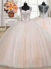Amazing See Through Back Zipper Up Straps Floor Length Ball Gowns Cap Sleeves Peach Quinceanera Gowns Zipper