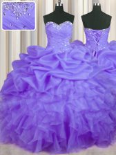 Sleeveless Floor Length Beading and Ruffles and Pick Ups Lace Up 15th Birthday Dress with Lavender
