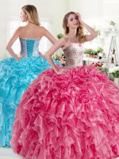 Edgy Pink and Aqua Blue Organza Lace Up Sweetheart Sleeveless Floor Length Quinceanera Gown Beading and Ruffles