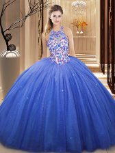 Super V-neck Sleeveless Sweet 16 Quinceanera Dress Floor Length Lace and Appliques Blue Tulle