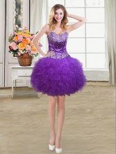  Sweetheart Sleeveless Mini Length Beading and Ruffles Eggplant Purple Tulle