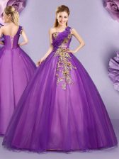 Stunning Purple Ball Gowns One Shoulder Sleeveless Tulle Floor Length Lace Up Appliques and Ruffles Quinceanera Gowns