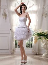  White Sleeveless Knee Length Beading and Ruffles Zipper Dress for Prom