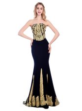 Custom Designed Mermaid Black Sleeveless With Train Appliques Zipper Prom Dress