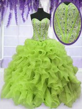 Customized Yellow Green Sleeveless Organza Lace Up Quinceanera Gowns for Military Ball and Sweet 16 and Quinceanera