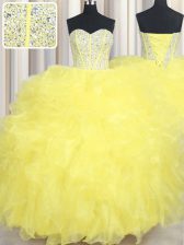  Yellow Sleeveless Beading and Ruffles Floor Length 15 Quinceanera Dress
