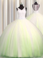 Noble Zipple Up Brush Train Big Puffy Yellow Green V-neck Neckline Beading and Appliques Sweet 16 Dresses Sleeveless Zipper