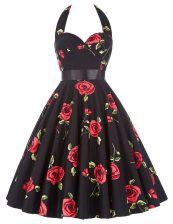 Fitting Halter Top Red And Black Zipper Prom Dresses Sashes ribbons and Pattern Sleeveless Knee Length