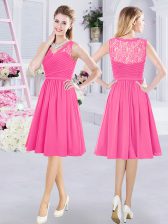  Chiffon V-neck Sleeveless Side Zipper Lace and Ruching Court Dresses for Sweet 16 in Hot Pink
