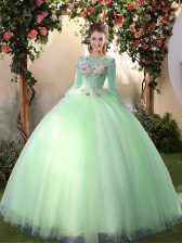  Scoop Long Sleeves Lace Up Floor Length Appliques Quinceanera Gown