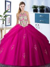 Custom Made Halter Top Floor Length Fuchsia Quinceanera Gown Tulle Sleeveless Embroidery and Pick Ups