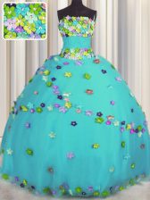  Sleeveless Floor Length Hand Made Flower Lace Up Sweet 16 Dress with Aqua Blue