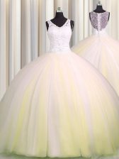 Artistic Zipple Up Light Yellow V-neck Zipper Beading and Appliques Quince Ball Gowns Brush Train Sleeveless