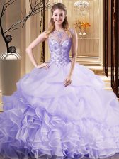 Affordable Scoop Lavender Ball Gowns Beading and Ruffles and Pick Ups Vestidos de Quinceanera Lace Up Organza Sleeveless