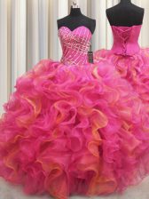  Hot Pink Organza Lace Up Sweetheart Sleeveless Floor Length Quinceanera Gowns Beading and Ruffles