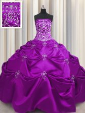  Taffeta Strapless Sleeveless Lace Up Beading and Appliques and Embroidery 15 Quinceanera Dress in Eggplant Purple