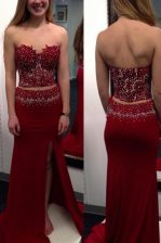 Decent Sweetheart Sleeveless Elastic Woven Satin Beading Sweep Train Side Zipper