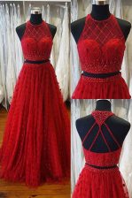 Attractive Sweep Train A-line Prom Party Dress Red Scoop Tulle Sleeveless Backless