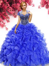 Fabulous Royal Blue Organza Lace Up Sweetheart Sleeveless Floor Length 15 Quinceanera Dress Beading and Ruffles