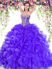  Organza Sweetheart Sleeveless Sweep Train Lace Up Beading and Ruffles Quinceanera Gowns in Purple