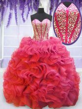 Traditional Sweetheart Sleeveless Lace Up Quinceanera Gowns Coral Red Organza