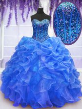 Excellent Blue Quinceanera Gown Military Ball and Sweet 16 and Quinceanera with Beading and Ruffles Sweetheart Sleeveless Lace Up