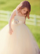  Straps Sleeveless Zipper Floor Length Bowknot and Hand Made Flower Flower Girl Dress