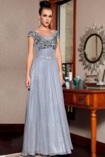Top Selling Scoop Sequins Floor Length Column/Sheath Cap Sleeves Grey Dress for Prom Side Zipper