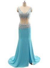  Mermaid Sleeveless Brush Train Beading Zipper Prom Gown