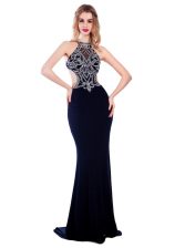 Artistic Navy Blue Silk Like Satin Criss Cross Homecoming Dress Sleeveless With Train Sweep Train Beading