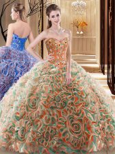  Multi-color Ball Gowns Fabric With Rolling Flowers Sweetheart Sleeveless Embroidery and Ruffles With Train Lace Up Ball Gown Prom Dress Brush Train
