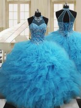  Scoop Baby Blue Sleeveless Floor Length Beading and Ruffles Lace Up Sweet 16 Dress